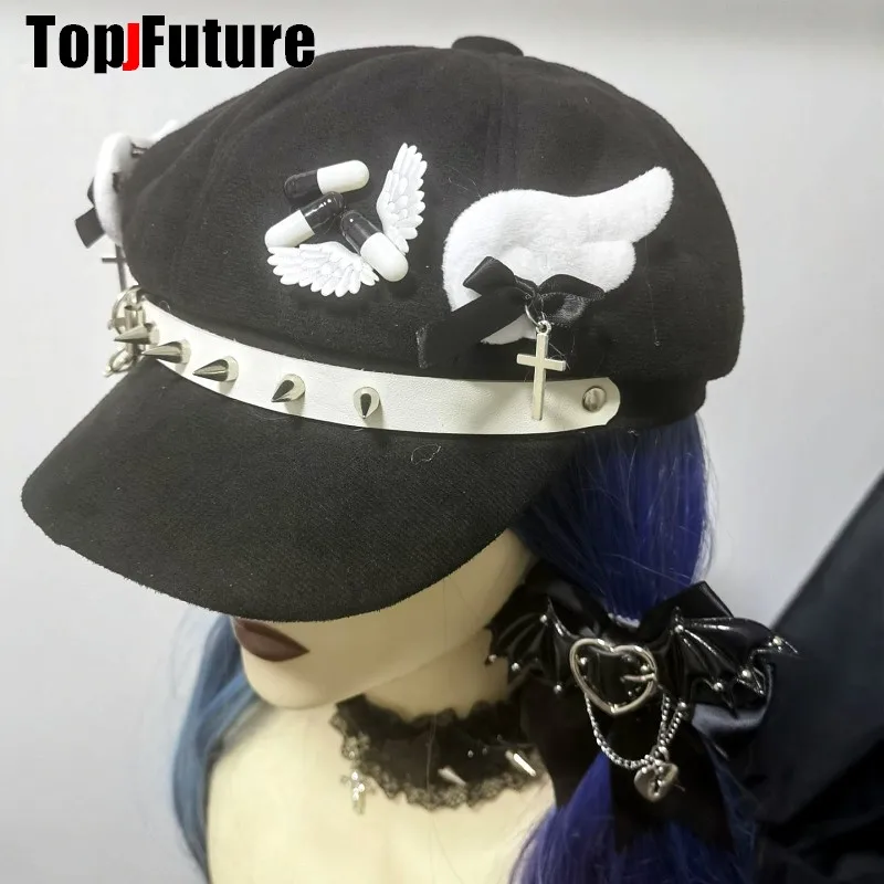 Wholesale Custom Make Customized Women Harajuku Gothic Lolita Beret hat Cap Y2K Girl Angel Wing Medical pill handmake Sun hats