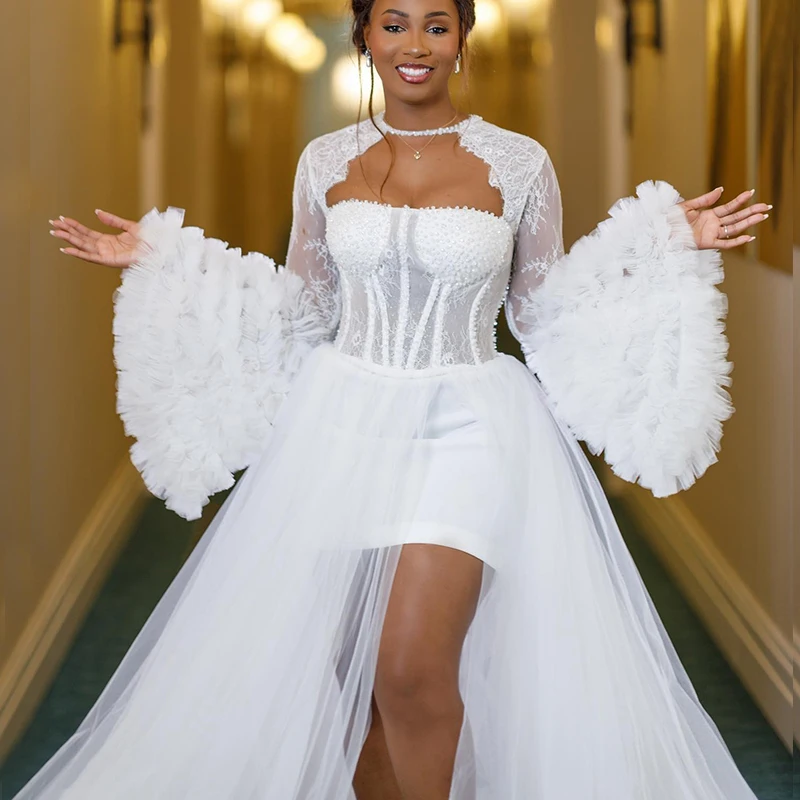 Nigeria Bride Robe for Wedding 2025 Hollow Long Flare Sleeve Side Split Lace Tiers Africa Morning Bridal Shower Dress Customized