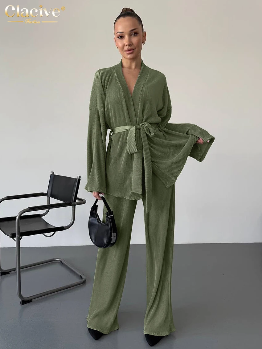 

Clacive Fashion Loose Green Pleated 2 Piece Sets Woman Outfit Elegant Long Sleeve Lace-Up Robes With High Waist Wide Pants Set