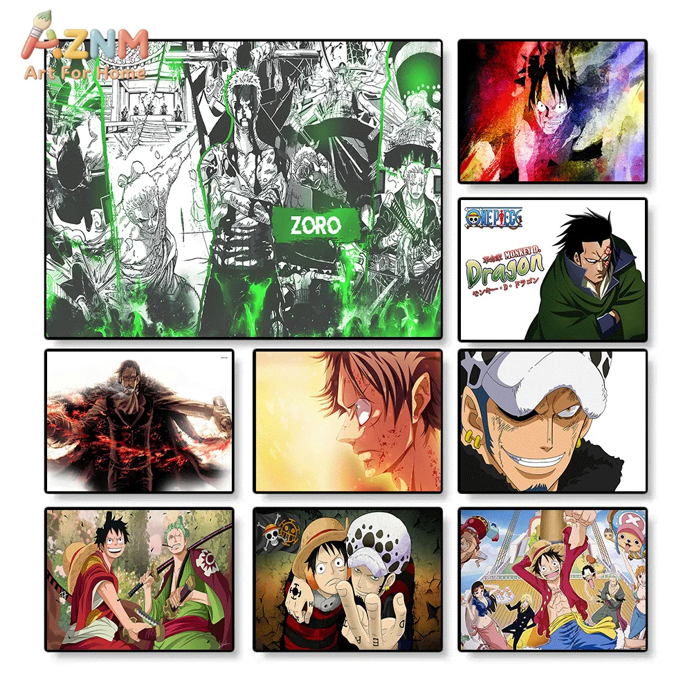 AZNM Lienzo Decorativo de Anime One Piece, Roronoa Zoro, Monkey D. Luffy, Trafalgar Law, Estilo Manga Dragón, Impresión HD, Lienzo sin Marco