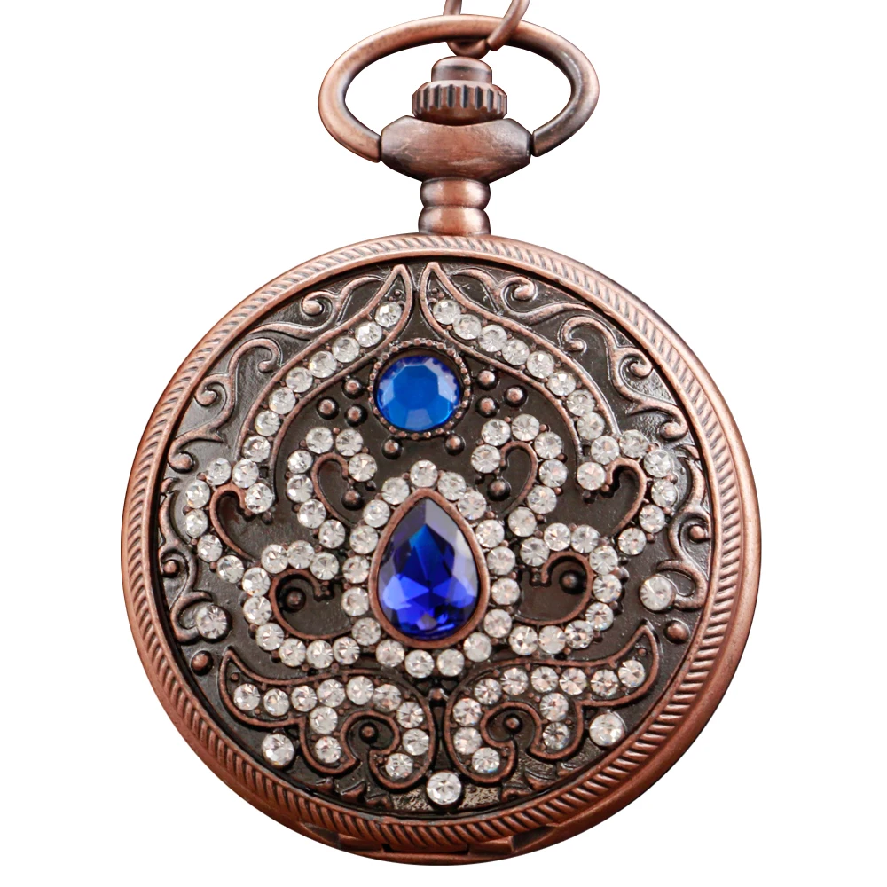 Exquisite  Blue Magic Gem Fake Diamond Quartz Pocket Watch Women Necklace Clock Steampunk Fashion Jewelry Accessories Gifts