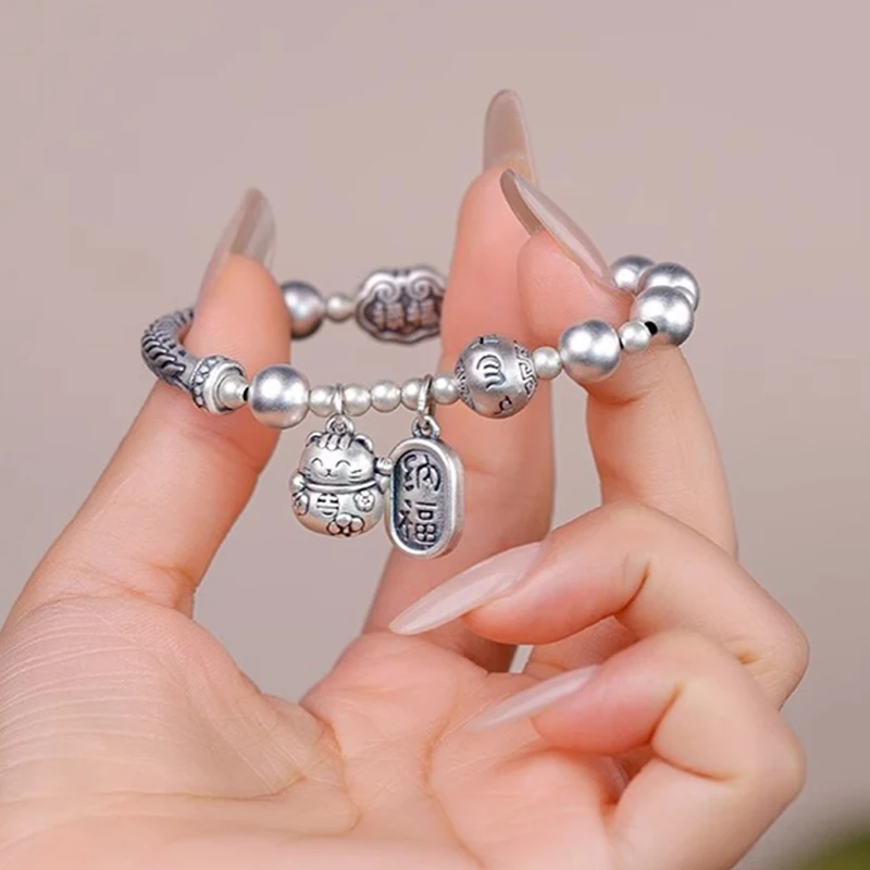 

VENTFILLE браслет из стерлингового серебра 925 пробы Lucky Cat из бисера для женщин с буквами в этническом стиле, оригинальные эластичные ювелирные изделия, подарок, Прямая поставка