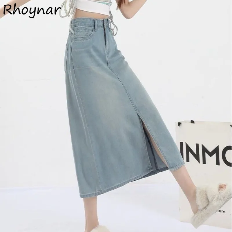 

Midi Skirts Women Vintage Front-slit High Waist Ice Silk A-line Slimming Thin Korean Style Streetwear Leisure Daily Summer Cozy