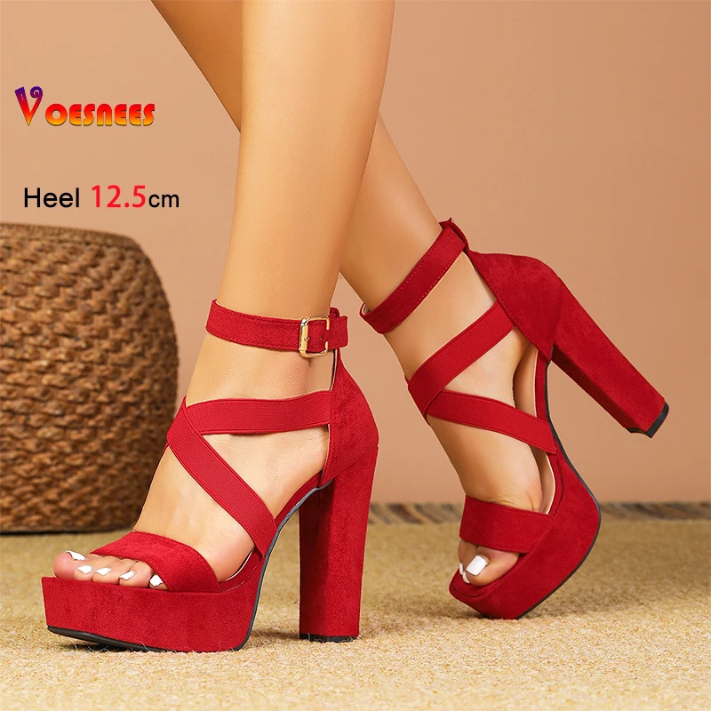 الجلد المدبوغ عالية الكعب موضة جديدة ساحة تو كلمة واحدة الفرقة صنادل أرضية للنساء عدم الانزلاق كعب سميك 12.5 سنتيمتر الصيف أحذية نسائية #1