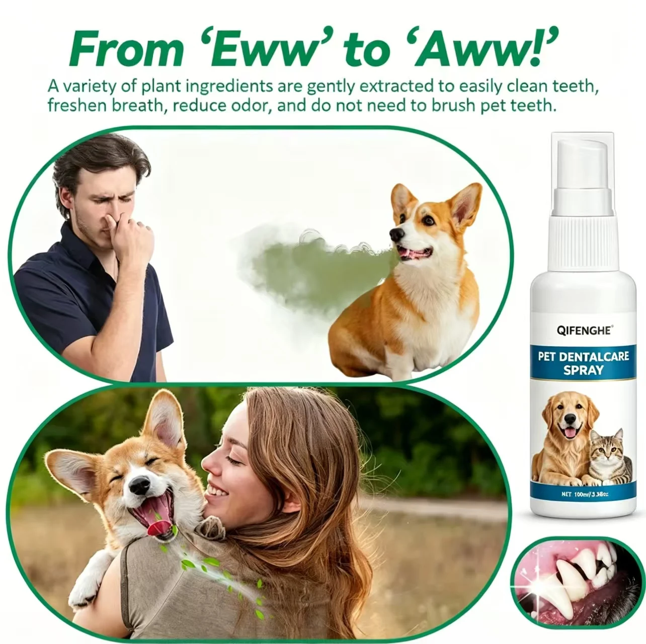 100ml Pet Dental Care Spray, Plant-Based Pet Oral Hygiene Spray for Cats & Dogs, Eliminate Bad Breath Clean Teeth Without Brushi