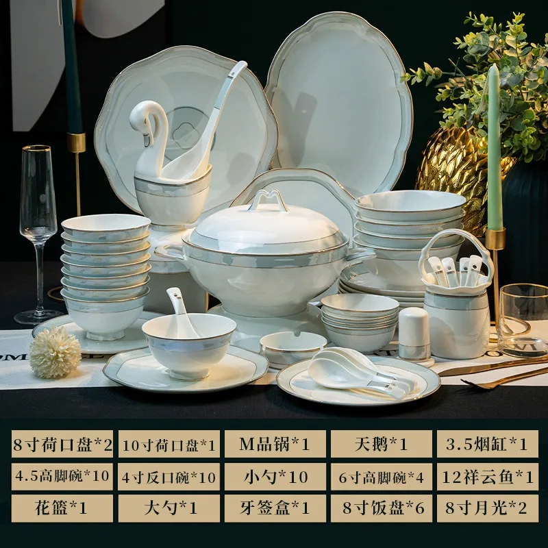 DSA ceramic bone china dishes and plates set, 52 household high-foot light luxury housewarming gifts