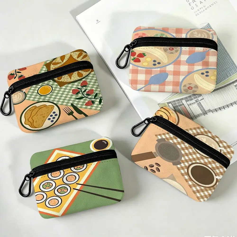C-Coffee-Banana-Split-Sushi-Ramen-Retro-Food Mini Hanging Oxford Cloth Coin Bag Durable Zipper Key Card Pouch With Carabiner
