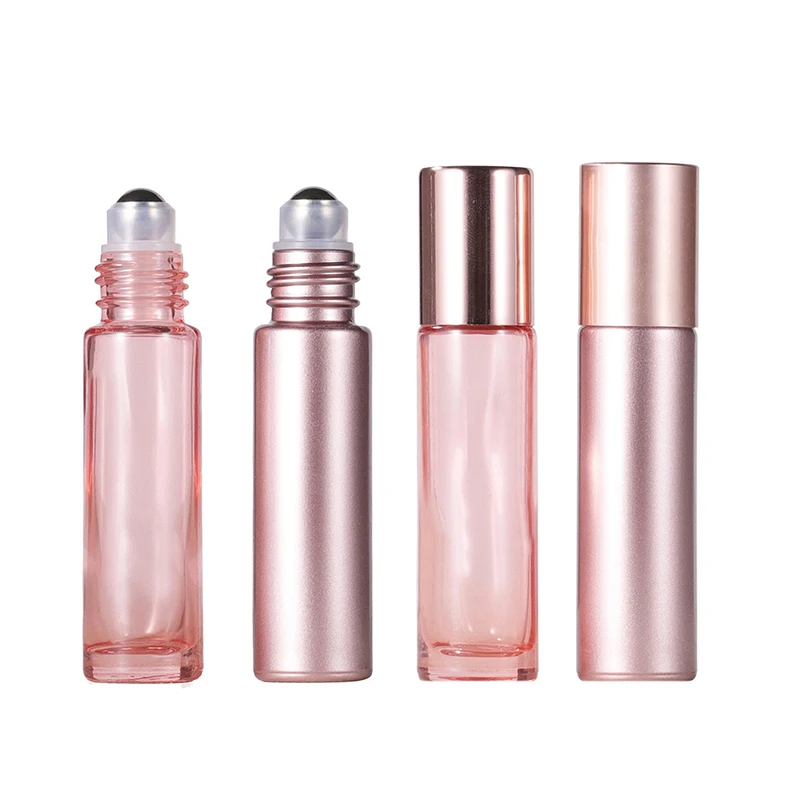 1PCS 5/10ml Pink Roller Bottle Essential Oil Lip Gloss Refillable Tube Empty Jar Glass Roll On Bottle Glass Perfume Bottle