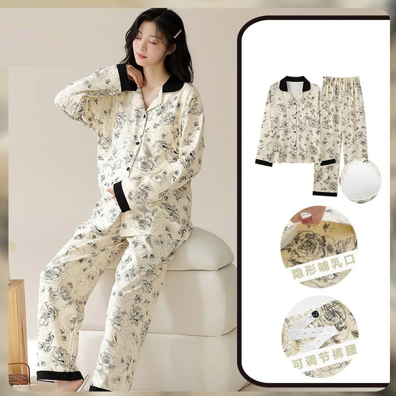 Big Size Maternity Sleepwear Postpartum Pajamas for Autumn Spring Loose with Chest Pads Clothes for Breastfeeding Women Delivery