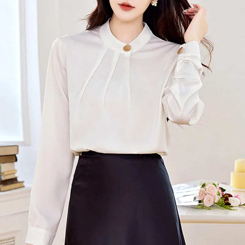 

Женская блузка-рубашка, модная белая блузка с длинным рукавом и воротником-стойкой, женские топы, блузки, рубашки Blusas Para Mujer Camisas Q1343