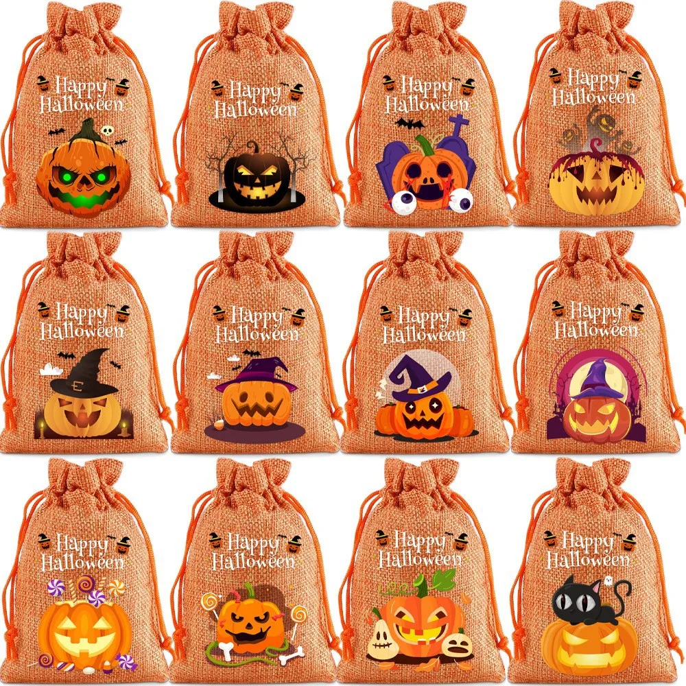 36pcs/lot 10*14cm Pumpkin Small Pouches Draw String Bag Halloween Gift Packaging Linen Pouch Children's Candy Storage Bags