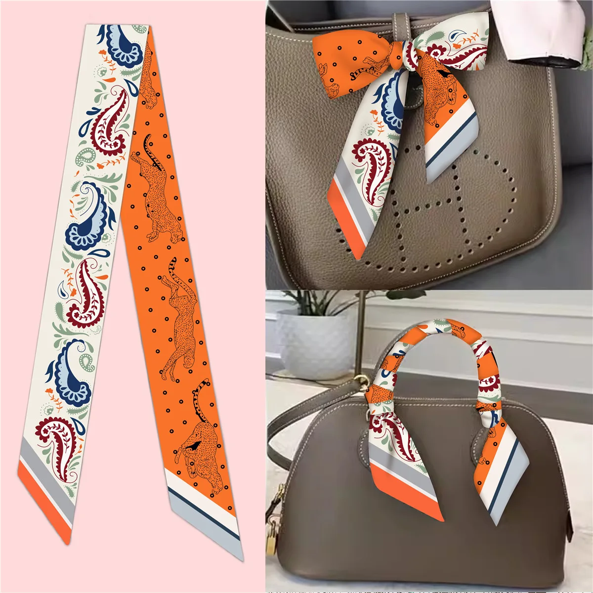 

New Versatile Plants Paisley Leopard Print Women Bag Handbag Handle Ribbon Silk Scarf Package Band Hair Head Handle Ribbon Scarf