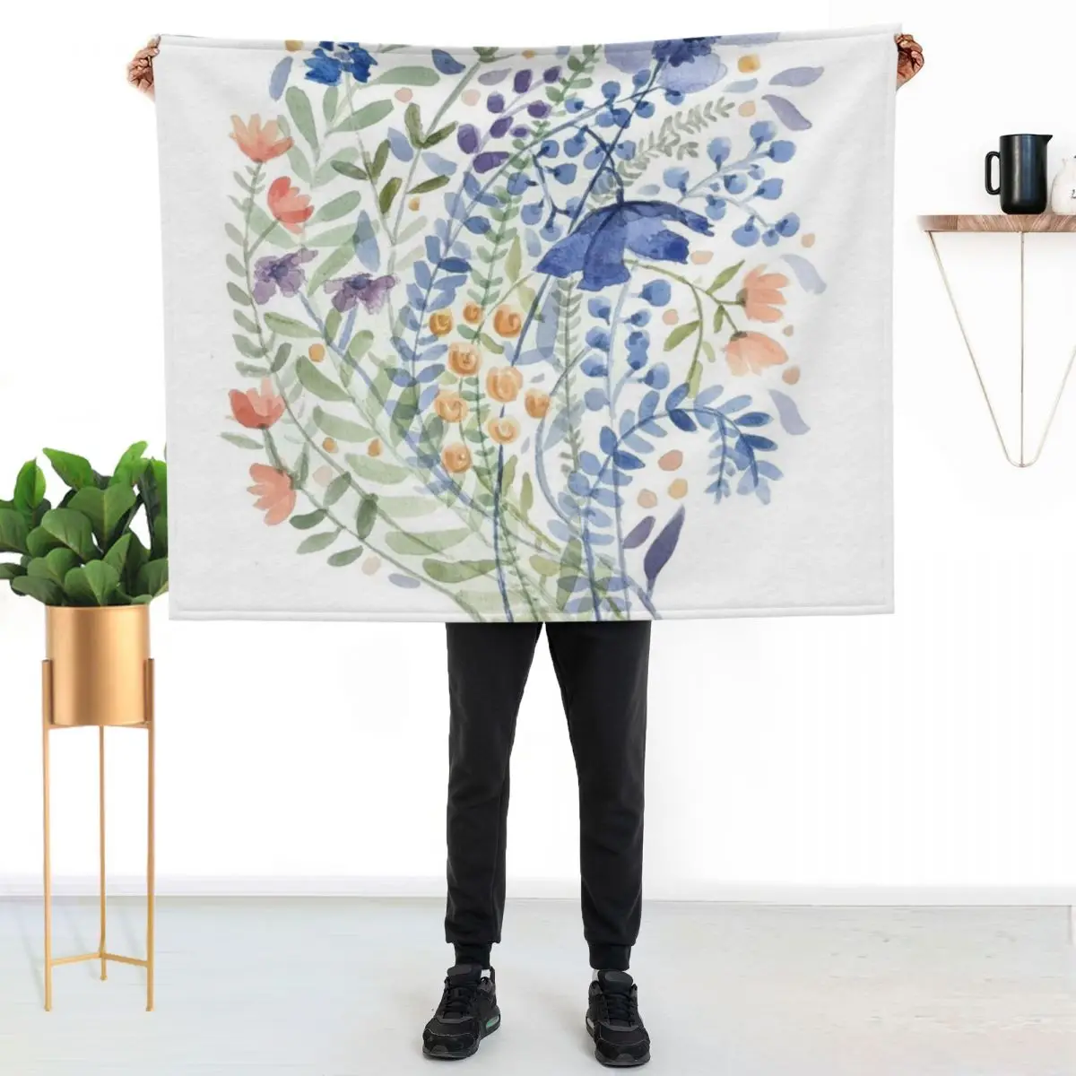 Blue Summer Watercolor Bouquet Painting Throw Blanket sofa bed Plaid Polar valentine gift ideas Softest Single Blankets