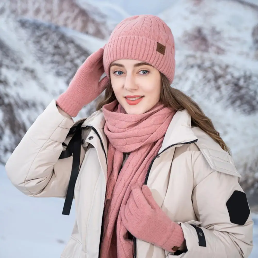 3 Pcs/Set Winter Hat Scarf Gloves Set Unisex Thick Warm Elastic Neck Head Hands Protection Cycling Cap Neck Warmer Gloves Set