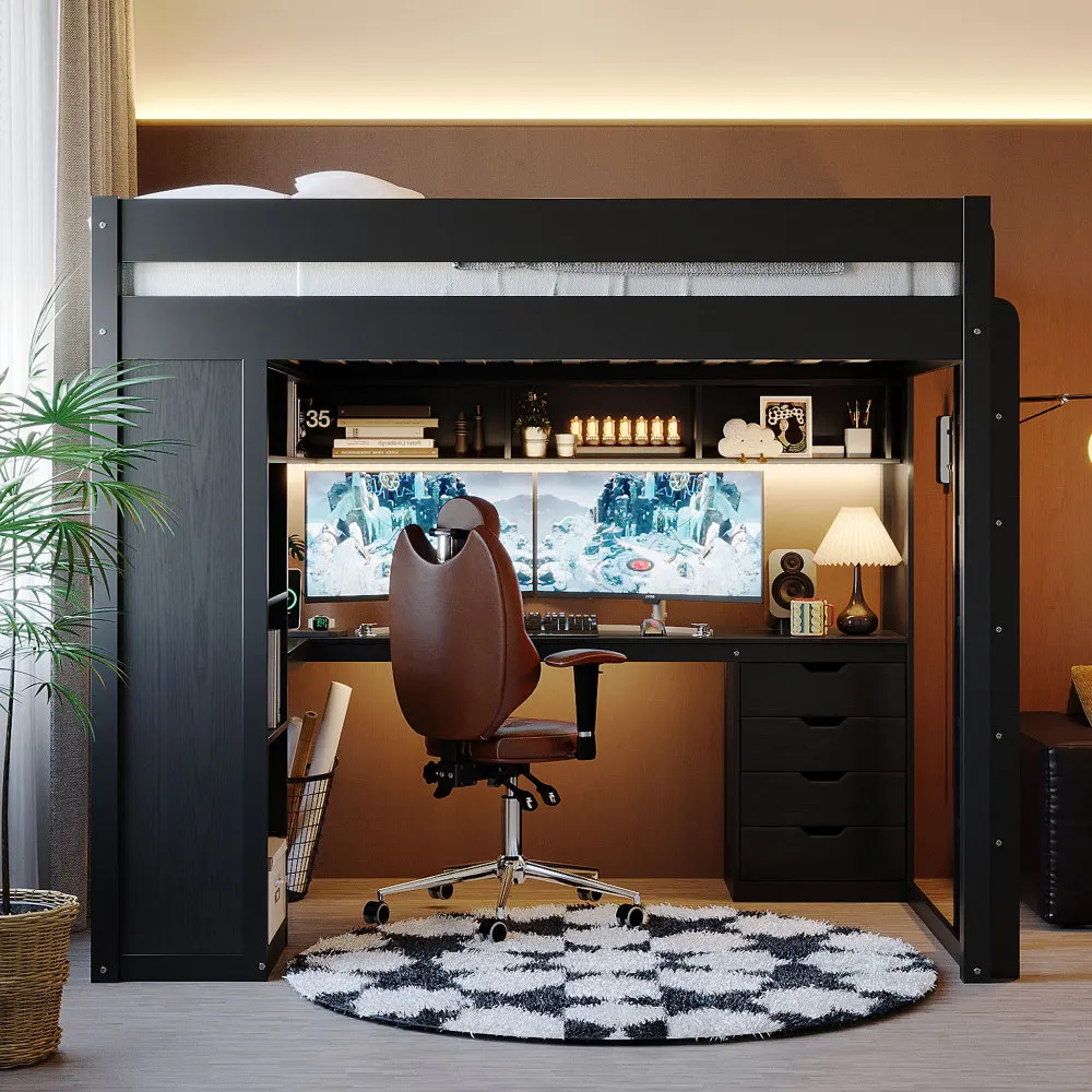 White Double Solid Wood Loft Bed with L-shaped Desk and 4 Drawers. The Ash Wood Veneer Loft Bed Features A Smart App-controlled LED Light Strip, USB Charging Port, and 4-tier Open Shelving. Durable and Sturdy.