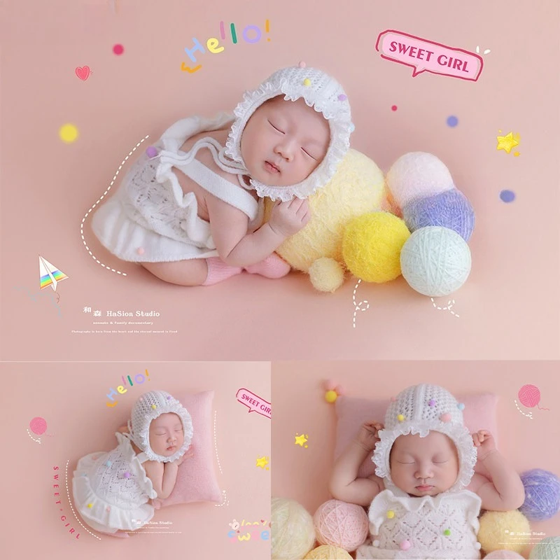 Newborn Photography Props Baby Girl Knitting Outfit with Backdrop Posing Pillow Colorful Knitted Balls Theme Set for Photoshoot