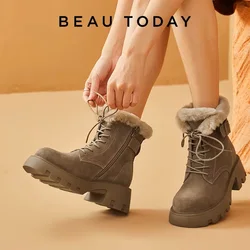 BeauToday Winter Leather Boots Women Cow Suede Round Toe Thick Sole Side Zipper Warm Fur Ladies Platform Shoes Handmade A08216