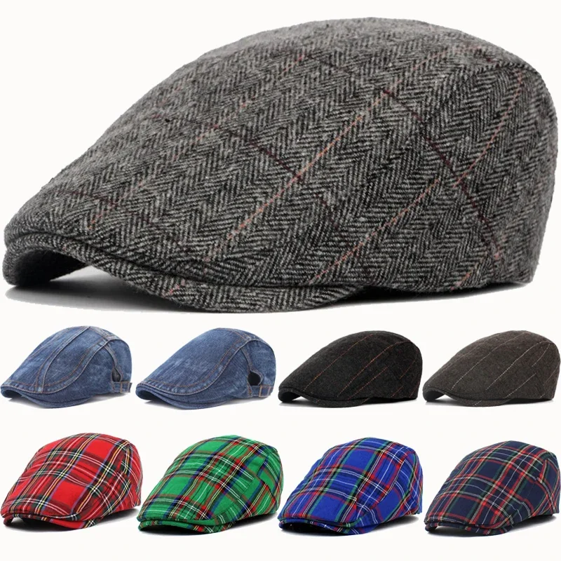 Men\'s  Hats Autumn Winter British Western Style Striped Berets Caps Warm Wool Advanced Flat Ivy Cap Vintage Beret for Men