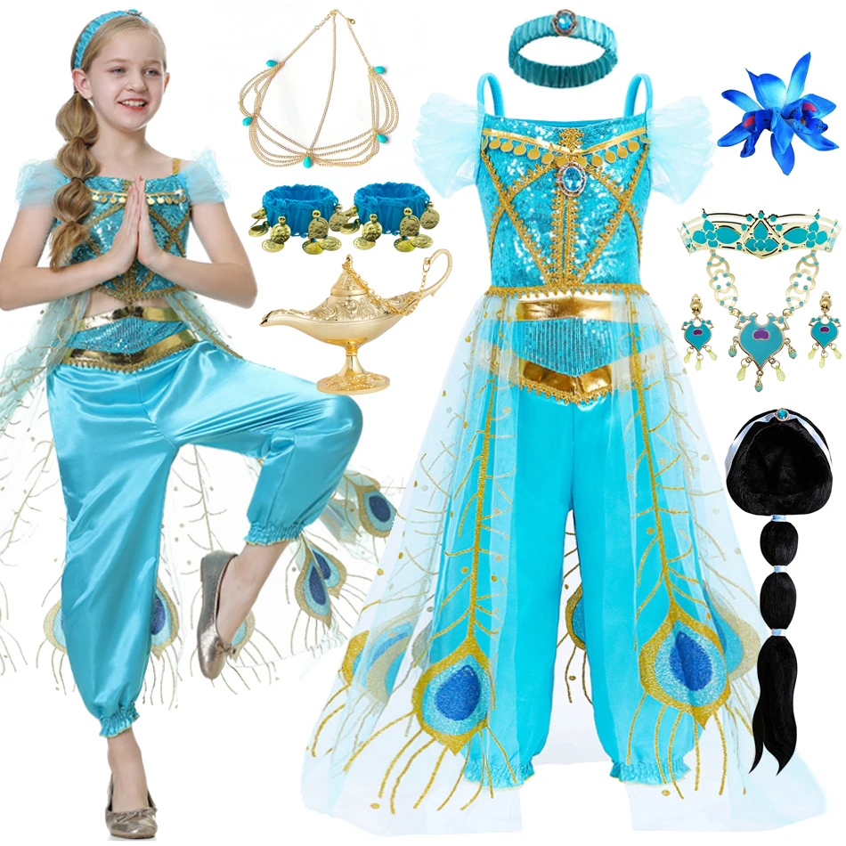 

Disney Jasmine Dress Aladdin Princess Magic Lamp Girls Birthday Party Cosplay Costume Top+Pant+Headband Carnival Clothes Vestido