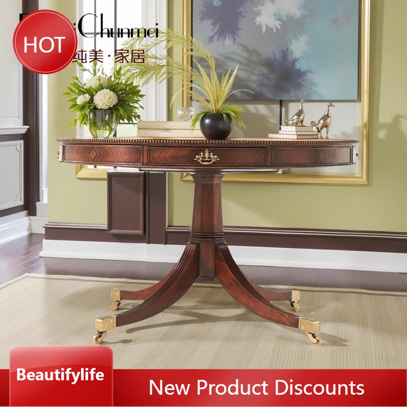 

A51 британский классический медный декоративный обеденный стол из цельного дерева, круглый обеденный стол из красного дерева, обеденный стол