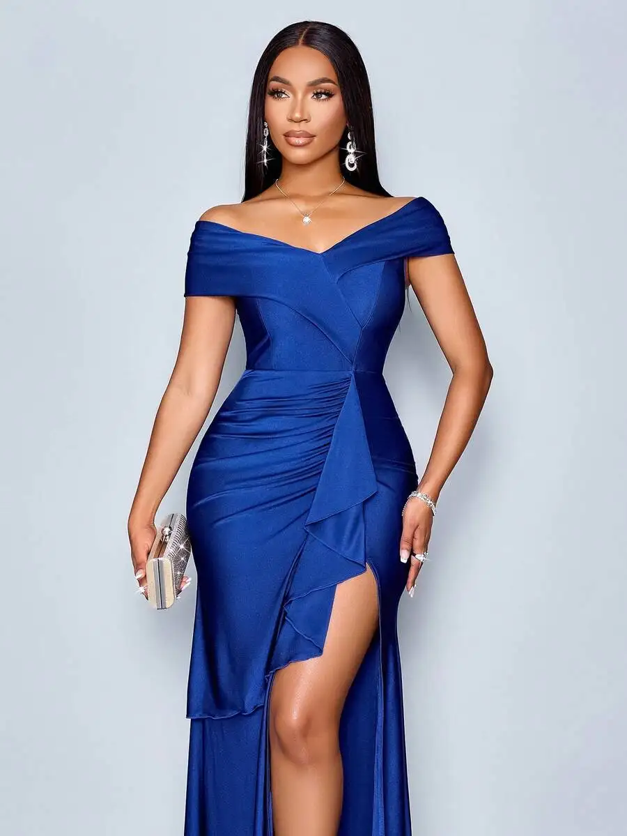 

Elegant Blue Off-Shoulder Ruffle Maxi Dress For Party Dating