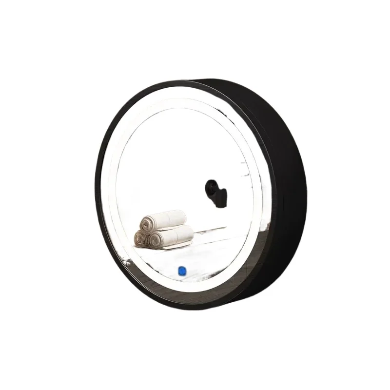 Oval Bathroom Wall Hanging Nordic LED Smart Bathroom Mirror Cabinets Solid Wood Round Vanity Mirrors with Storage Shelf U