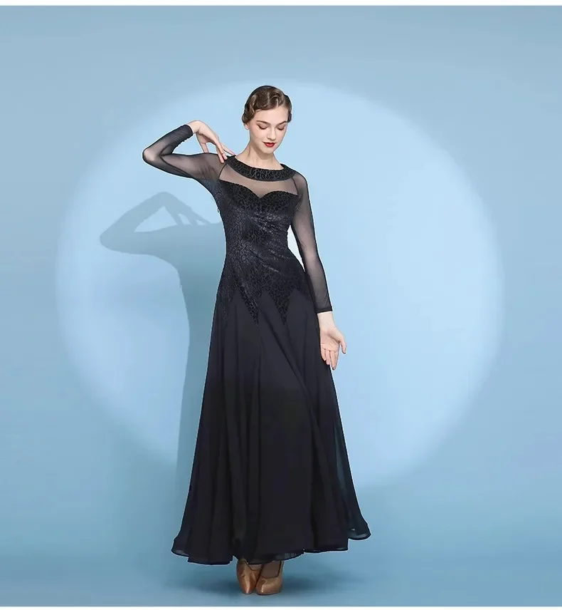 

Competition Ballroom Standard Black dress Velvet Waltz Competition Costume Crewneck Sexy Modern Dance Dress