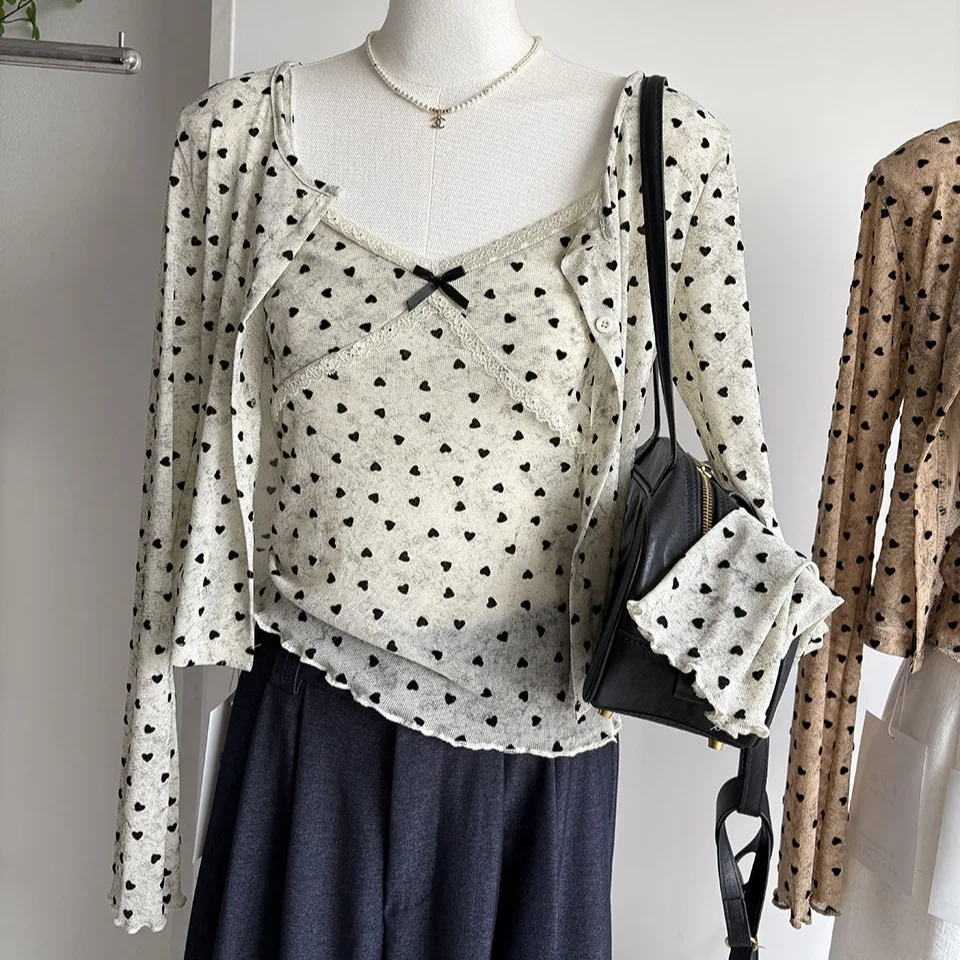 Pure Desire Heart Shaped Flocking Print Lace Trim Tank Top And Cardigan Two Piece Set Women's Slim Fit Short Long Sleeve Set