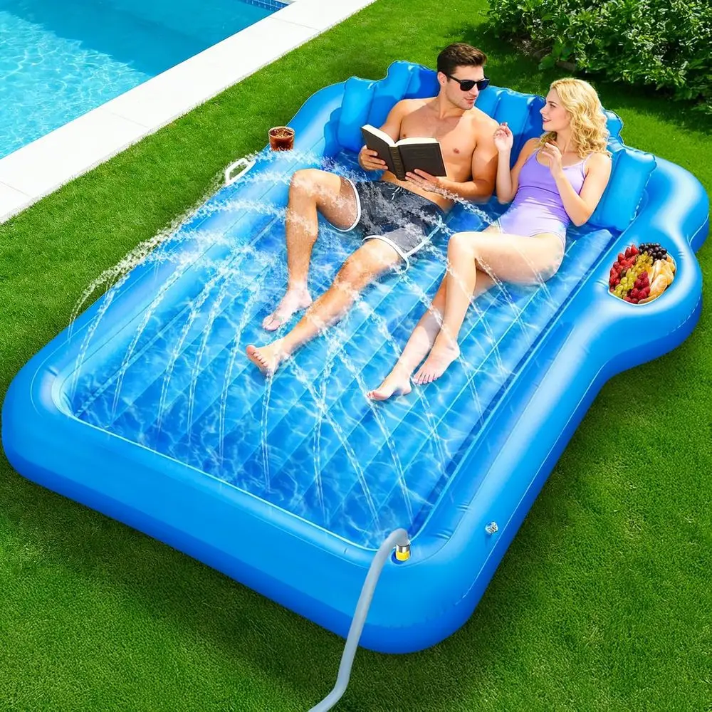 

Extra Large 2-Person Inflatable Tanning Lounger with Sprinkler, Backrest, and Cup Holder for Pool Parties (Blue)