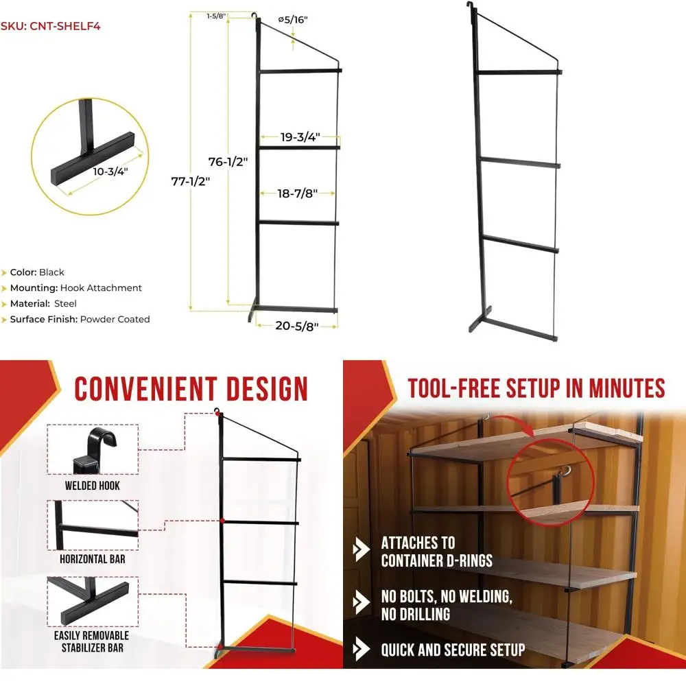 

4-Tier Shipping Container Shelf Bracket with Hooks - 19x77.5, 551 lbs Capacity, Black Powder Coated