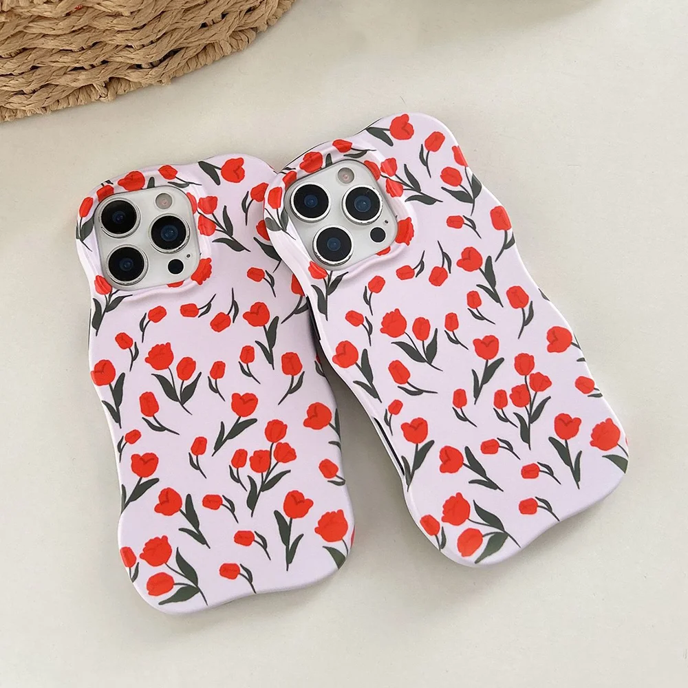 

New Korean INS Red Rose Print Dual Layer 2 in 1 Wave Shape Phone Case For iPhone 17 16 15 14 13 Pro Max Protective Cover