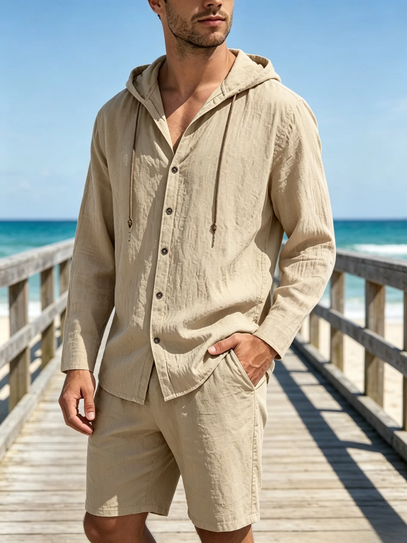 Mens Cotton Linen Outfit Hooded Long Sleeve Shirt  Drawstring Pants Casual Beach