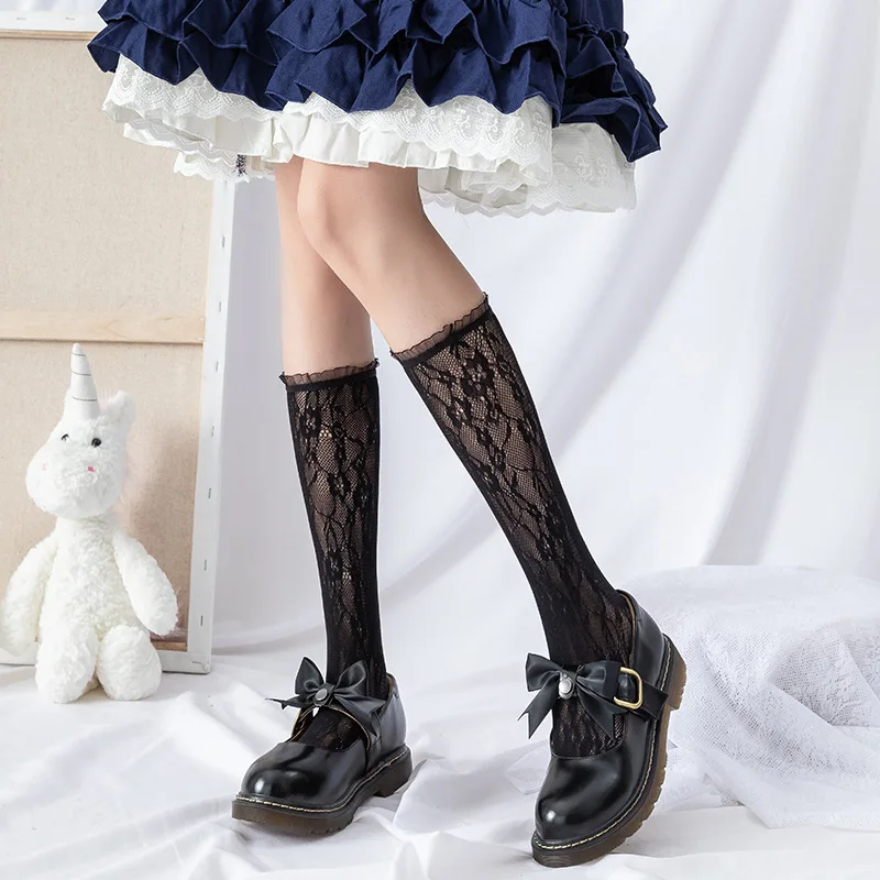 Lolita White Lace Socks Women JK High Knee Socks Frilly Thin Long Socks Female Flower Stockings Leg Calcetines Mujer