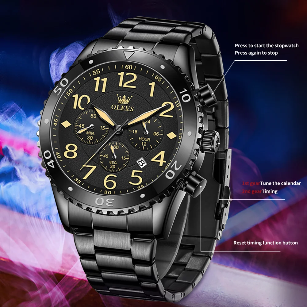 OLEVS 48mm Big Dial Quartz Watch for Men Stainless Steel Luminous Digit Hands Waterproof Chronograph Sports Wristwatches Men New