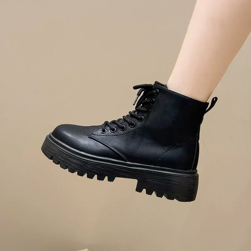 

Women's Shoes Winter New Side Zip Thick Sole Shoes for Women Round Toe Lace Up Solid Short Barrel Fashion Boots Zapatos De Mujer