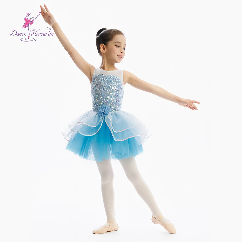 ชุดบัลเลต์เด็ก C26051 ชุดเต้นรำกระโปรงบัลเลต์สีขาวประดับเลื่อม พร้อมกระโปรงบัลเลต์สีฟ้าอ่อนสำหรับการแสดงบนเวที