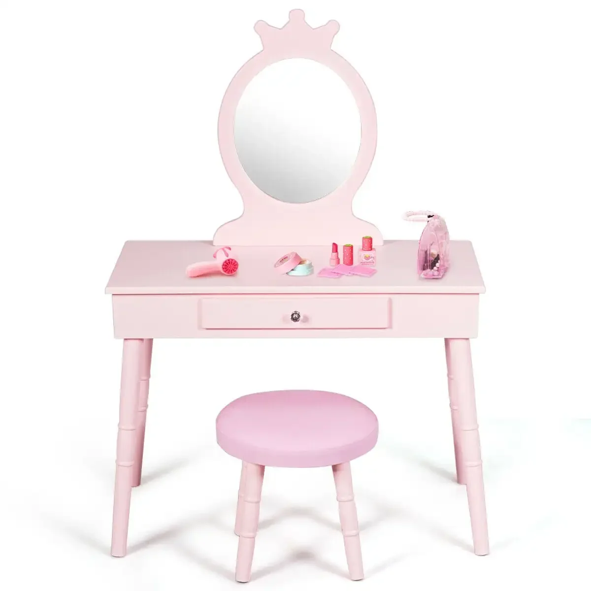 Kids Vanity Makeup Table & Chair Set Make Up Stool Play Set for Children Pink
