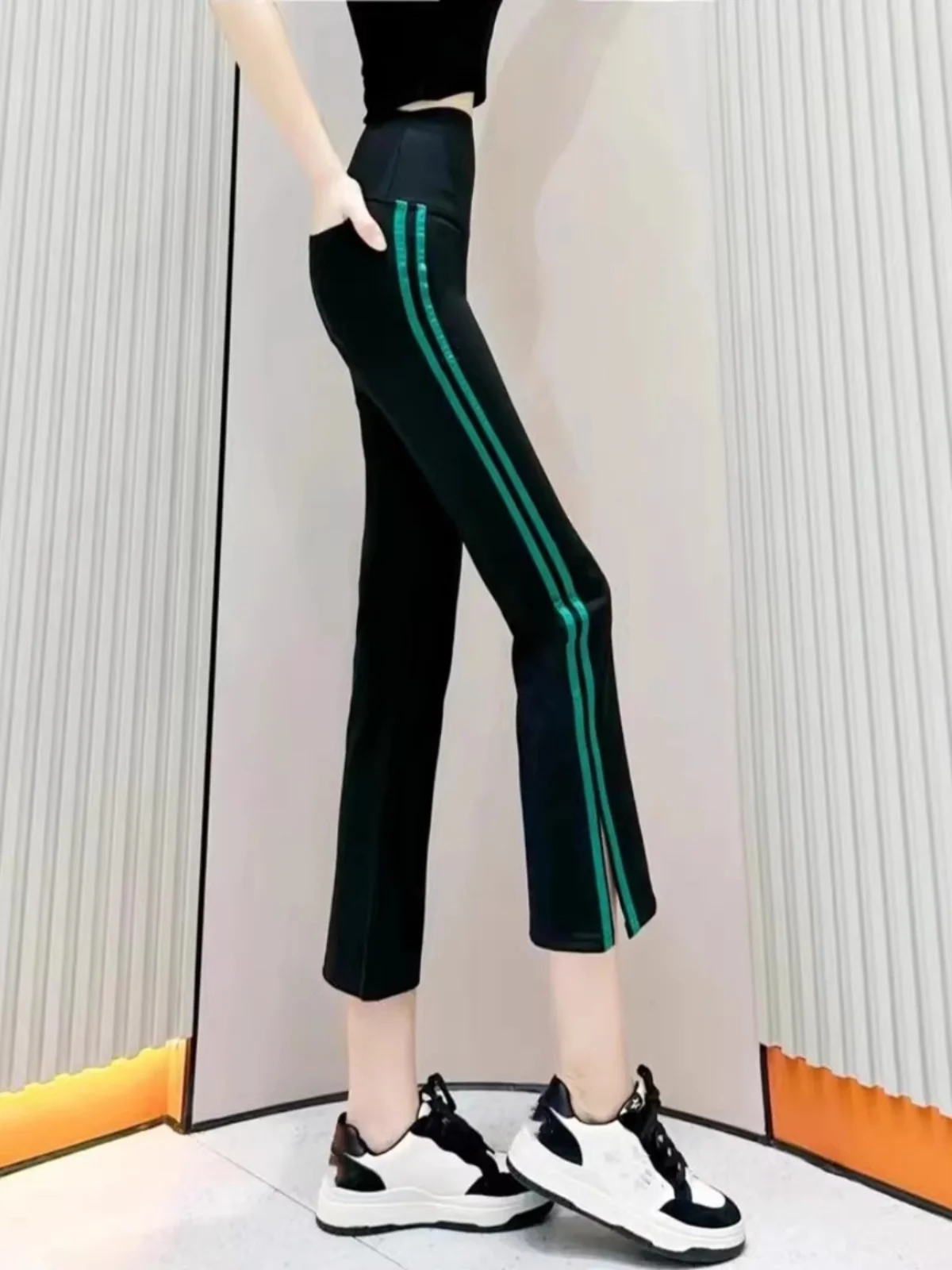 High Waist Slimming Yoga Pants Thin Summer ark Skin Pattern Tummy Control Side Slit Elastic Butt Lifting Base Layer Pants