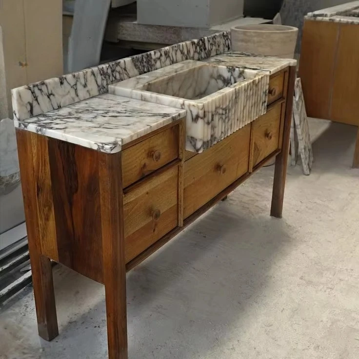Wall Mounted Stone Bathroom Basin with Natural Wood Vanity Fluted Calacatta Viola Marble Bathroom Sink for Hotel Villa