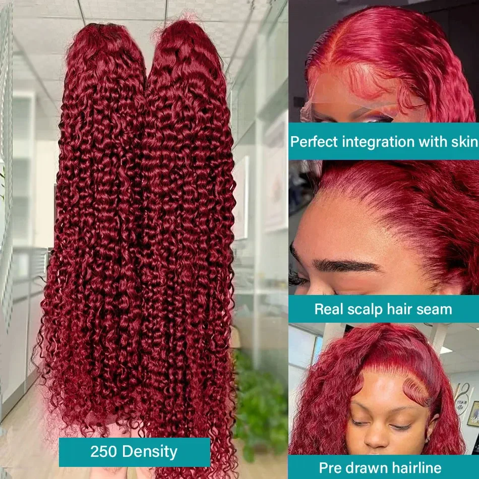 250 Density 30 40 Inch 99J Burgundy Deep Wave 13x413x5 Lace Front Human Hair Wig 13x6 Lace Frontal Red Curly Wigs Remy For Women