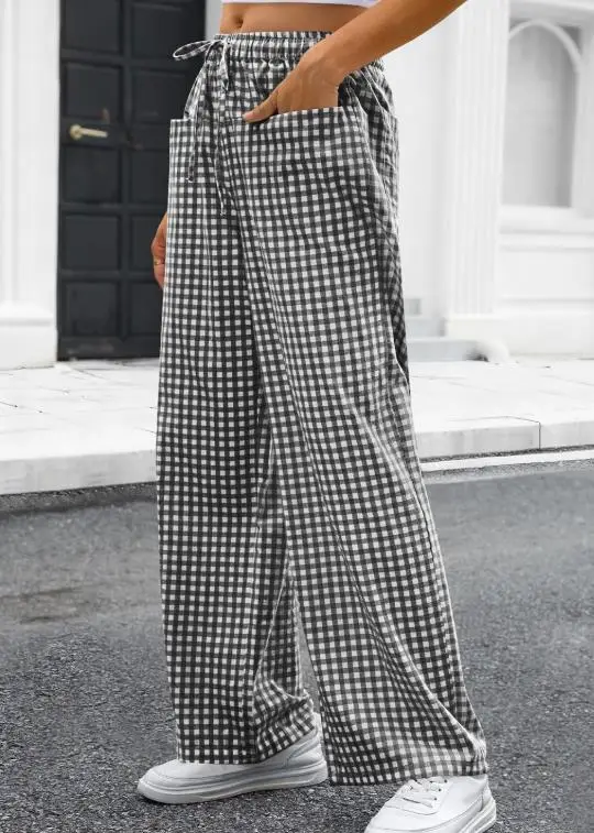 Women's Pants 2026 Spring Autumn New Plaid Print Pocket Design High Waist Drawstring Home Casual Daily Wide Leg Pants