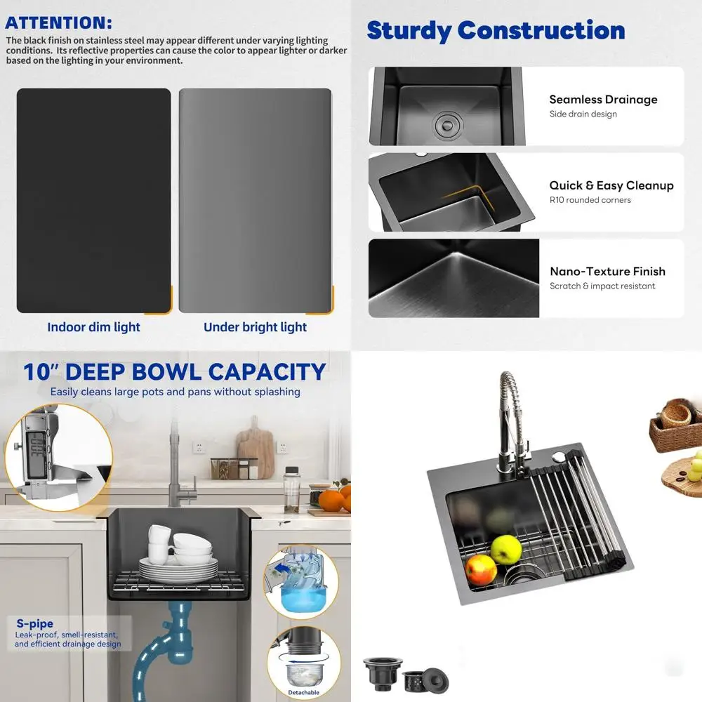 

Top Mount Single Bowl Kitchen Sink, Stainless Steel Nano Gunmetal Black, 15x15x10in, Handcrafted for Home, Bar Use