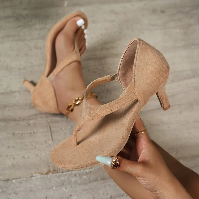 2026 Summer French-style Toe-Post Sandals for Women, Suede Thin-Heel High Heels, Commuter Flip-Flop Single Shoes view 4