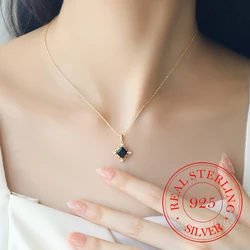 925 Sterling Silver Retro Black Agate Cube Choker Necklace Pendant for Women 14K Gold Plate Necklaces Wedding Party Jewelry Gift