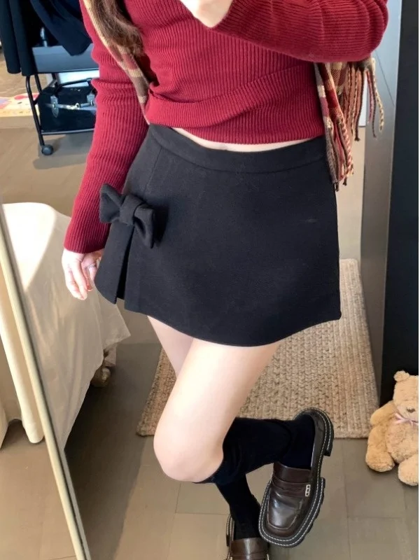 

Женская модная короткая шерстяная юбка больших размеров с узлом, однотонная, зимняя, приталенная, в корейском стиле, для повседневной носки