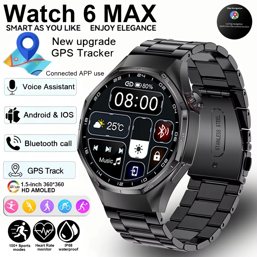 

Часы 6 Max Смарт-часы Мужские часы GT6 AMOLED HD Экран Bluetooth Вызов GPS Траектория NFC Сердечный ритм Компас SmartWatch Рождество