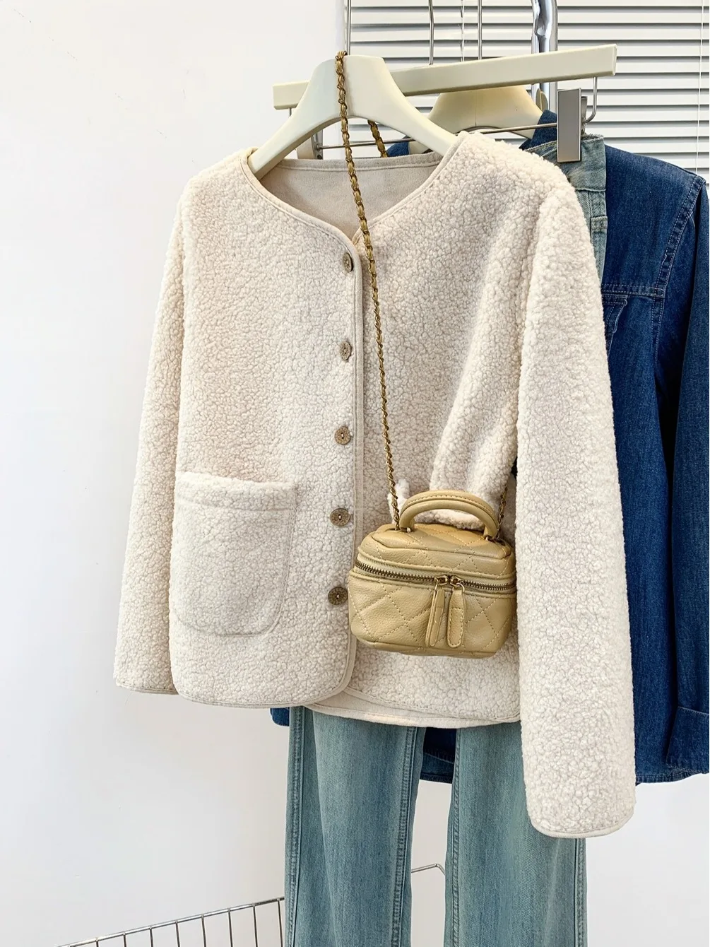 

Женское теплое свободное тонкое пальто с мехом ягненка, топ небольшого размера, весна-осень, корейский Sle Long Sve round Ne Jaet