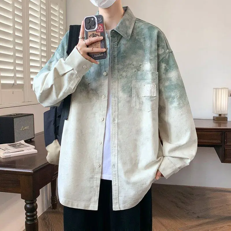 

Spring Faion Casual Loose Long Sve Men's irt Trendy Turn-down Collar Cardigan Sle Outerwear Versatile Loose Top