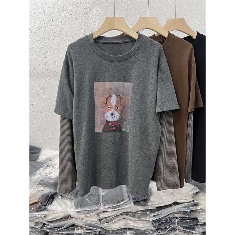 

Ранняя осень, полосатая све, лоскутная двухсекционная футболка с принтом собаки, многослойная длинная футболка Све, женский свободный базовый топ