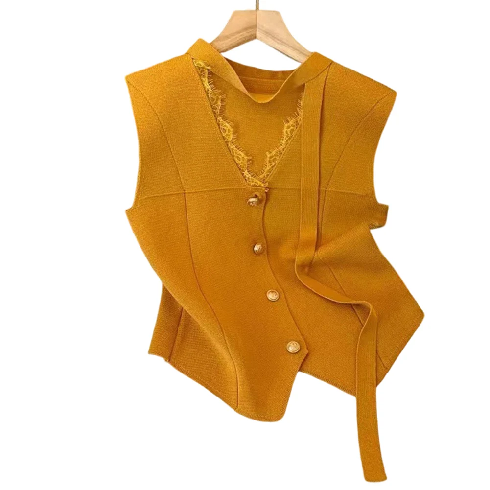 

Женский вязаный топ без рукавов с V-образным вырезом, кружевной отделкой, из эластичного полиэстера, для повседневного образа, желтый, абрикосовый, черный, весна-осень